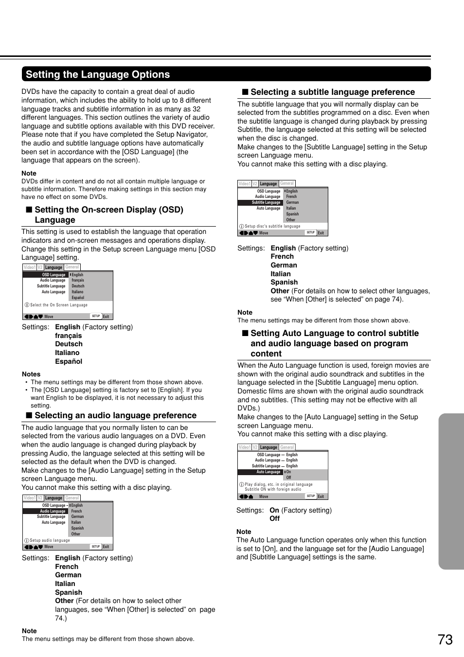 Setting the language options, Selecting a subtitle language preference, Setting the on-screen display (osd) language | Selecting an audio language preference | Integra DSR-7.3 User Manual | Page 73 / 88