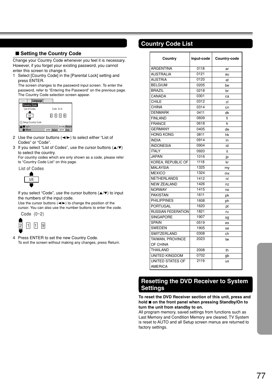 Country code list, Resetting the dvd receiver to system settings, Setting the country code | Integra DSR-7.3 User Manual | Page 77 / 88