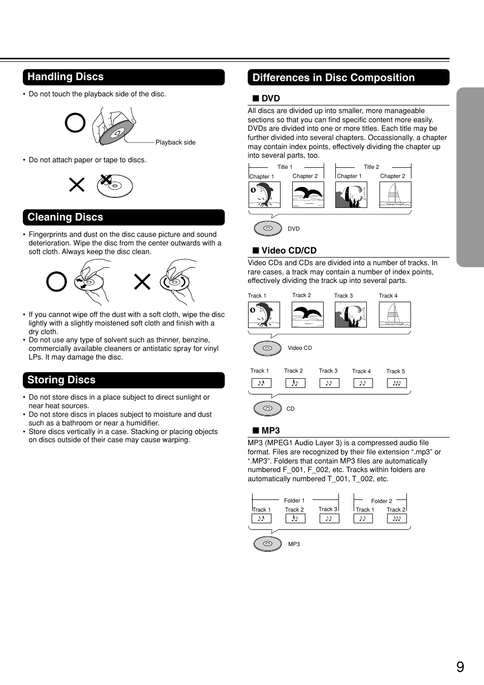 Cleaning discs, Storing discs, Handling discs | Differences in disc composition, Video cd/cd | Integra DSR-7.3 User Manual | Page 9 / 88