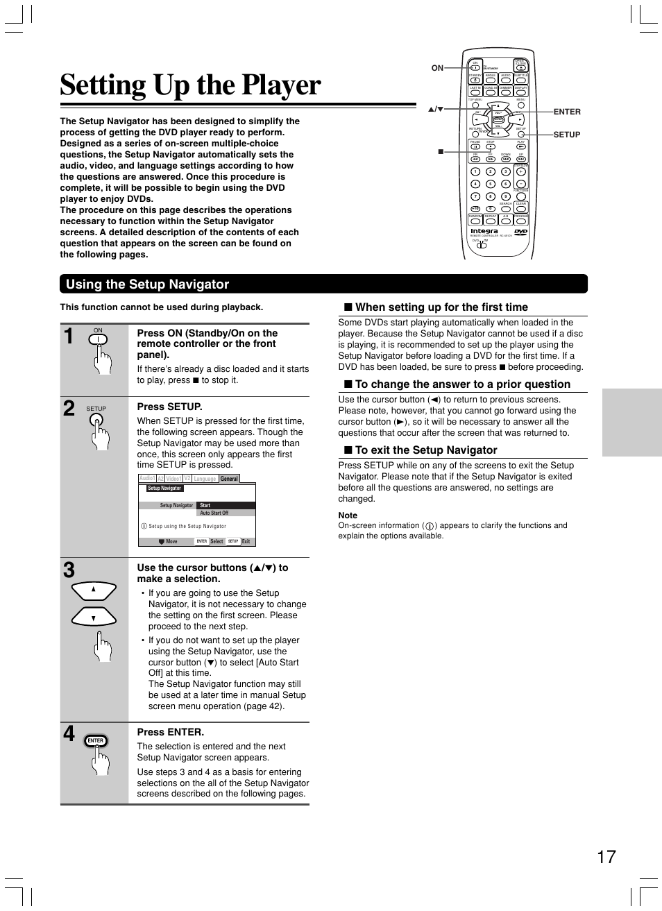 Setting up the player, Using the setup navigator, When setting up for the first time | Press setup, Press enter | Integra DPS-7.3 User Manual | Page 17 / 64