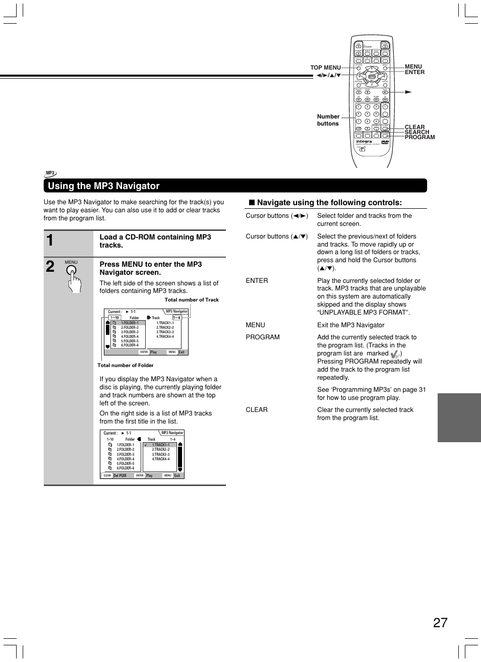 Using the mp3 navigator, Navigate using the following controls | Integra DPS-7.3 User Manual | Page 27 / 64