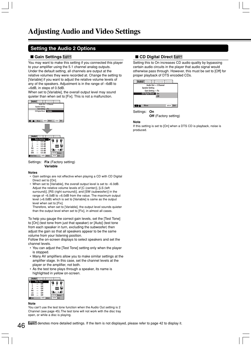 Adjusting audio and video settings, Setting the audio 2 options, Gain settings | Cd digital direct, Settings: fix (factory setting) variable, Settings: on off (factory setting) | Integra DPS-7.3 User Manual | Page 46 / 64