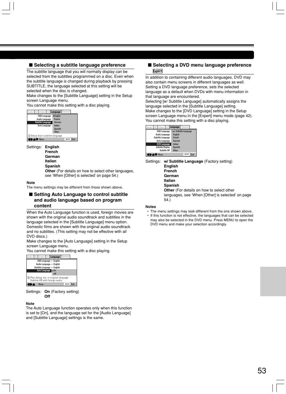 Selecting a subtitle language preference, Selecting a dvd menu language preference | Integra DPS-7.3 User Manual | Page 53 / 64