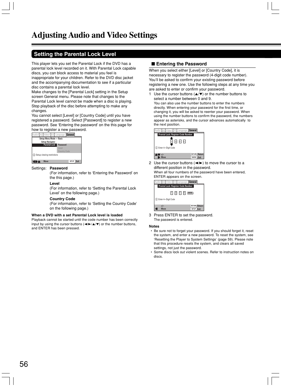 Adjusting audio and video settings, Setting the parental lock level, Entering the password | Integra DPS-7.3 User Manual | Page 56 / 64