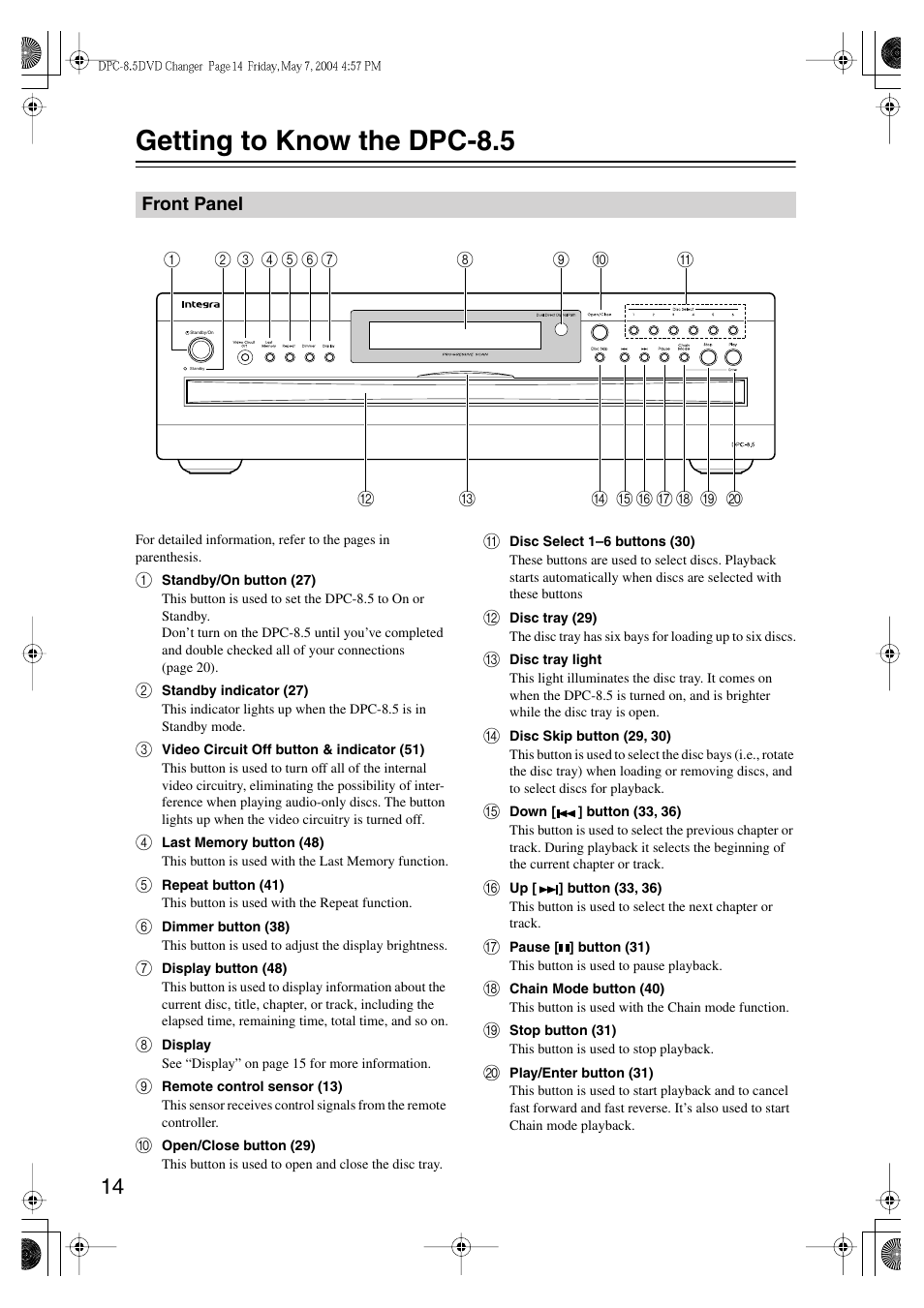 Getting to know the dpc-8.5, Front panel | Integra DPC-8.5 User Manual | Page 14 / 68