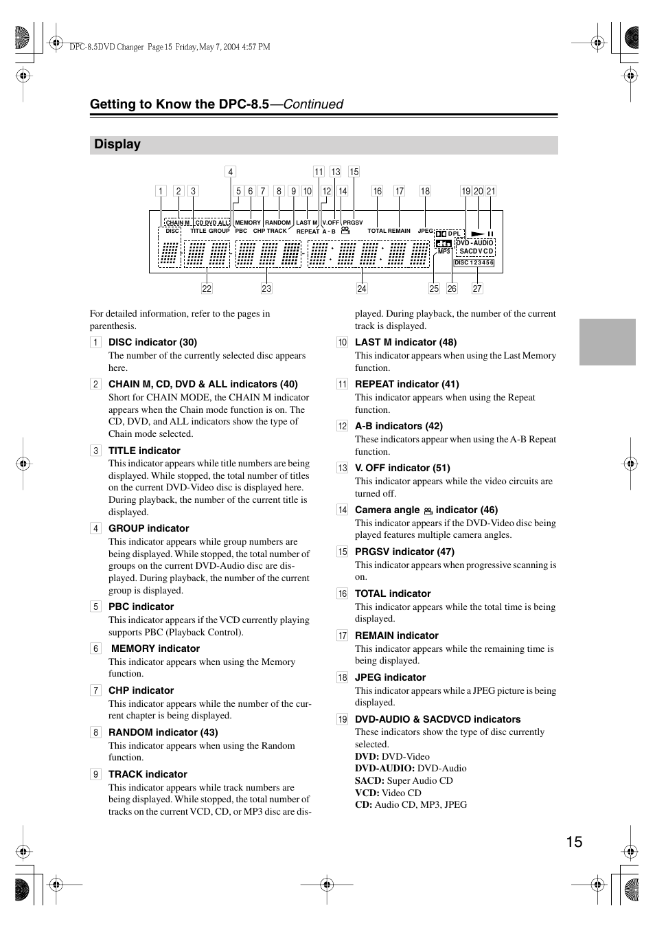 Getting to know the dpc-8.5 —continued, Display | Integra DPC-8.5 User Manual | Page 15 / 68