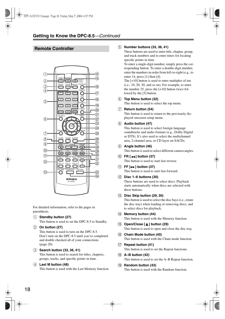 Getting to know the dpc-8.5 —continued, Remote controller | Integra DPC-8.5 User Manual | Page 18 / 68