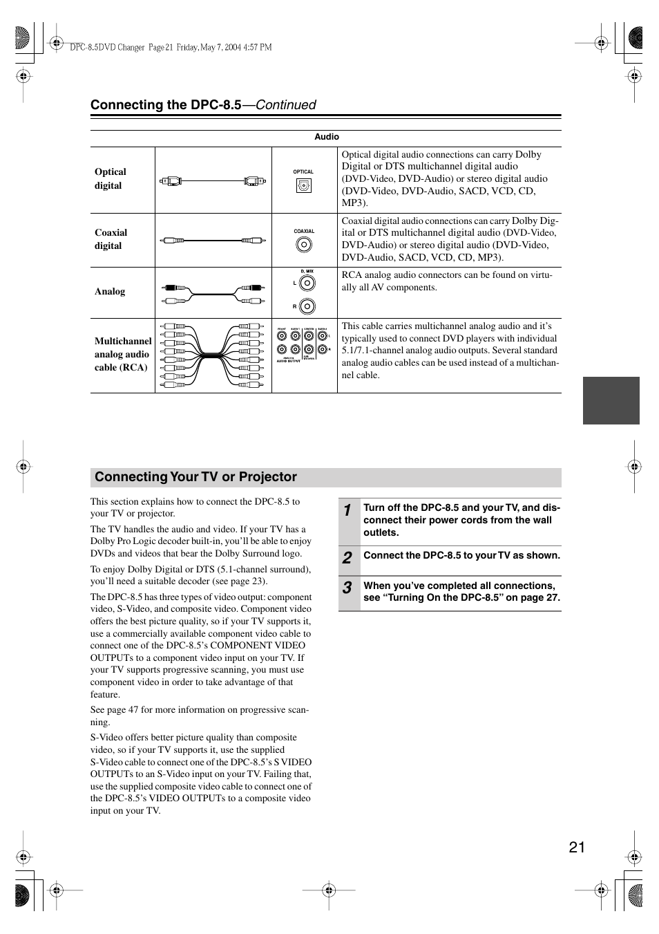 Connecting the dpc-8.5 —continued, Connecting your tv or projector | Integra DPC-8.5 User Manual | Page 21 / 68