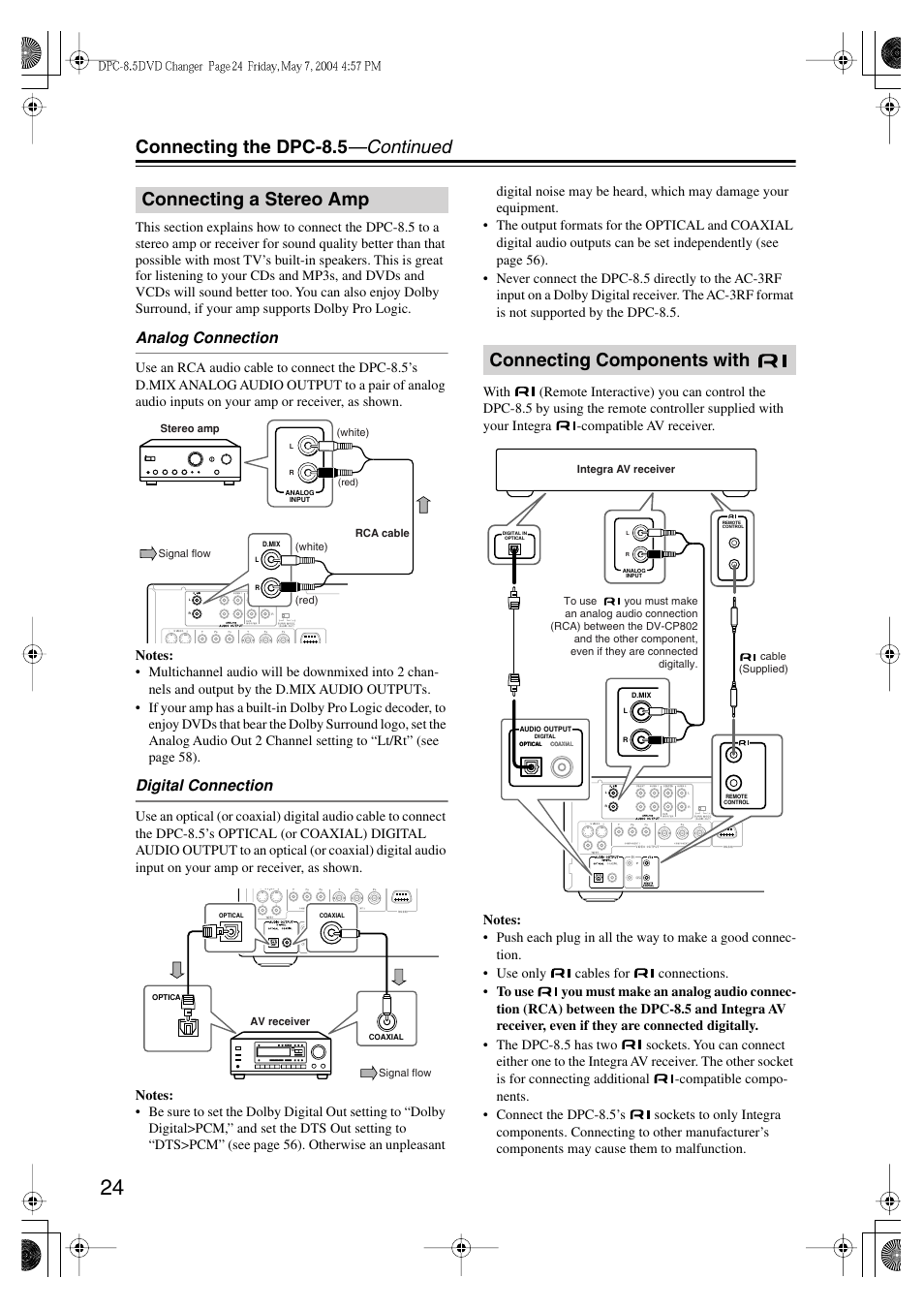 Connecting the dpc-8.5 —continued, Connecting a stereo amp, Connecting components with | Analog connection, Digital connection | Integra DPC-8.5 User Manual | Page 24 / 68