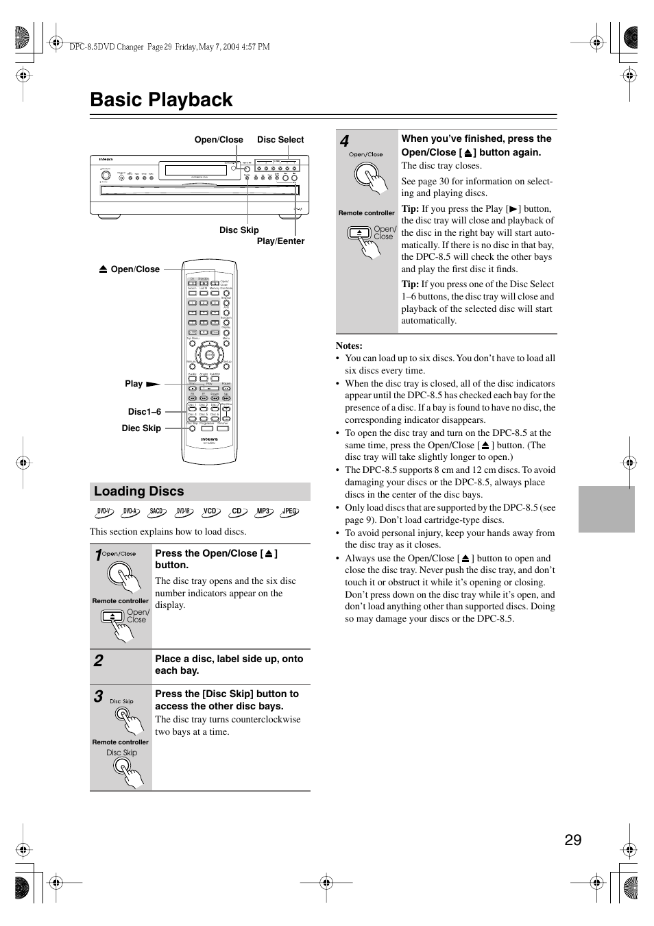 Basic playback, Loading discs, Place a disc, label side up, onto each bay | Integra DPC-8.5 User Manual | Page 29 / 68