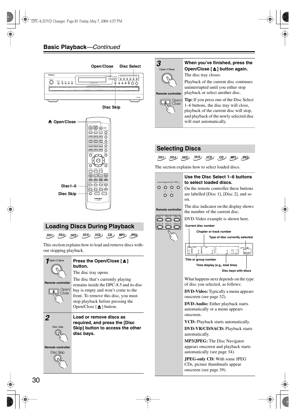 Basic playback —continued, Loading discs during playback, Selecting discs | Integra DPC-8.5 User Manual | Page 30 / 68