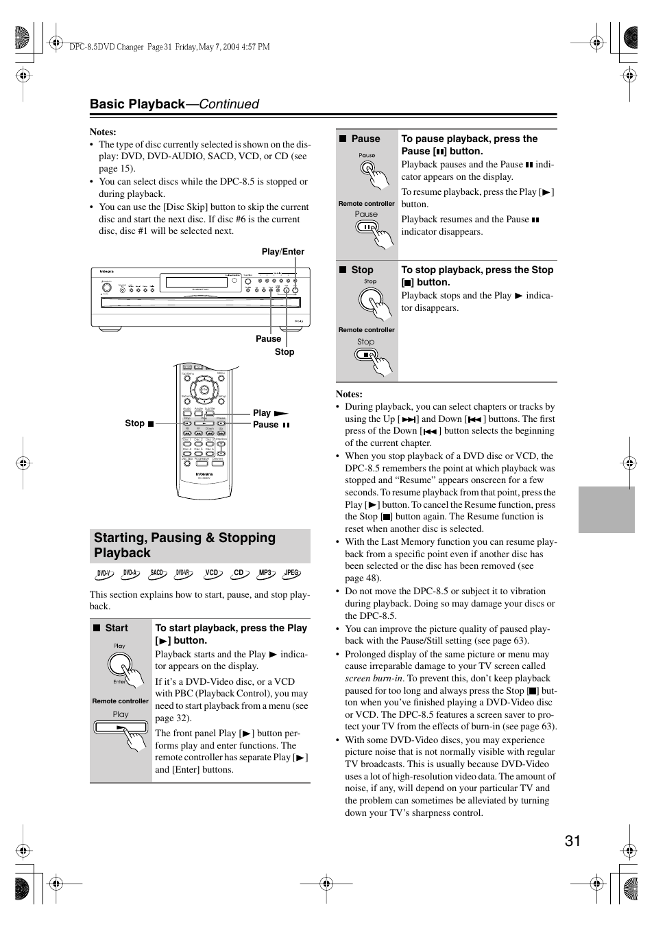 Basic playback —continued, Starting, pausing & stopping playback | Integra DPC-8.5 User Manual | Page 31 / 68