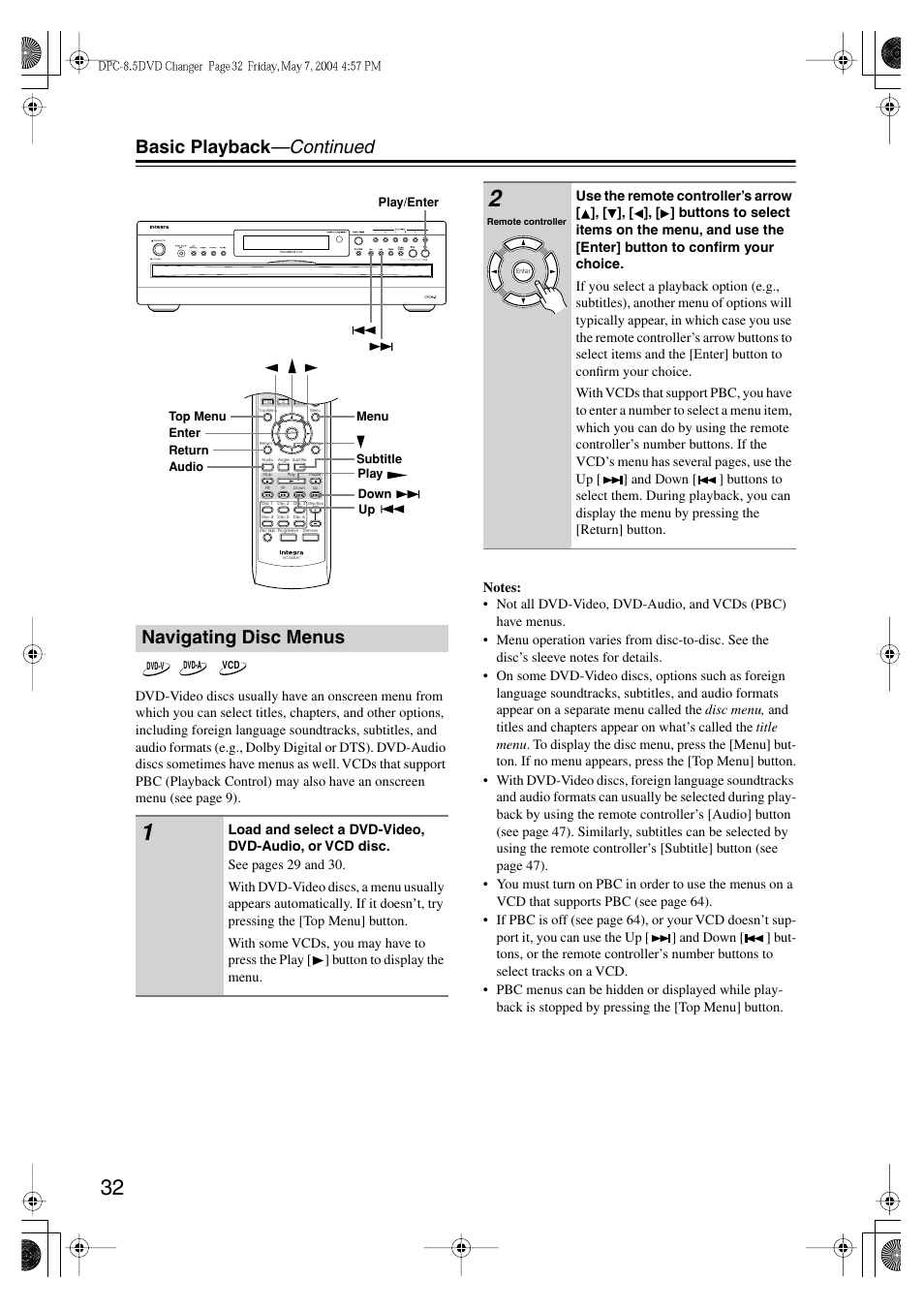 Basic playback —continued, Navigating disc menus | Integra DPC-8.5 User Manual | Page 32 / 68