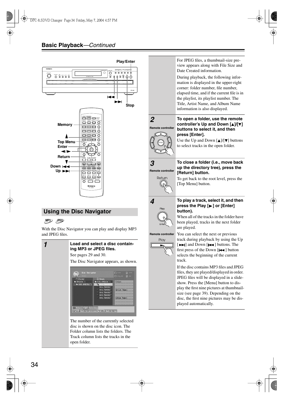 Basic playback —continued, Using the disc navigator | Integra DPC-8.5 User Manual | Page 34 / 68