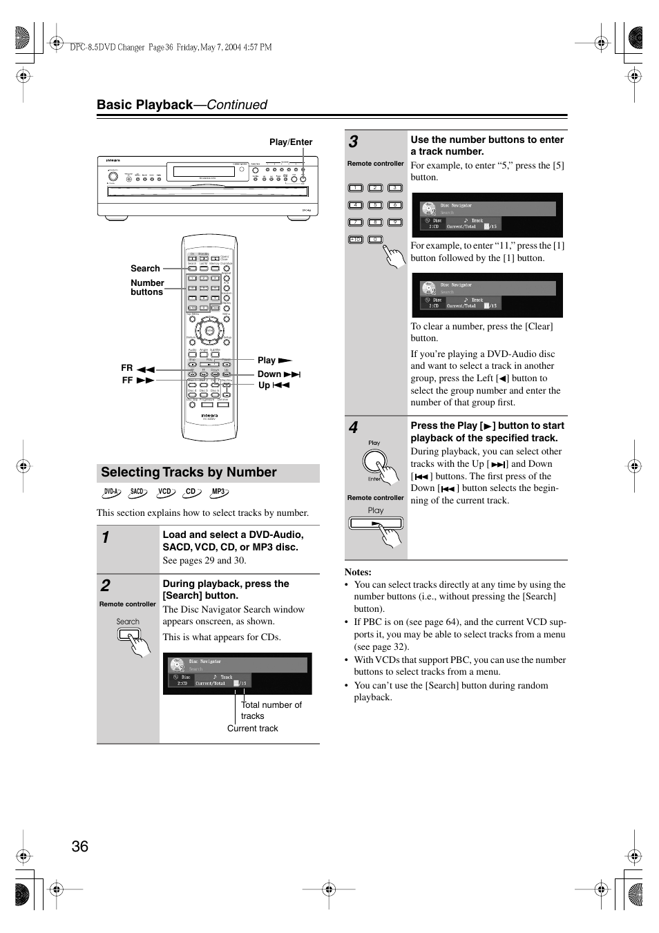 Basic playback —continued, Selecting tracks by number | Integra DPC-8.5 User Manual | Page 36 / 68