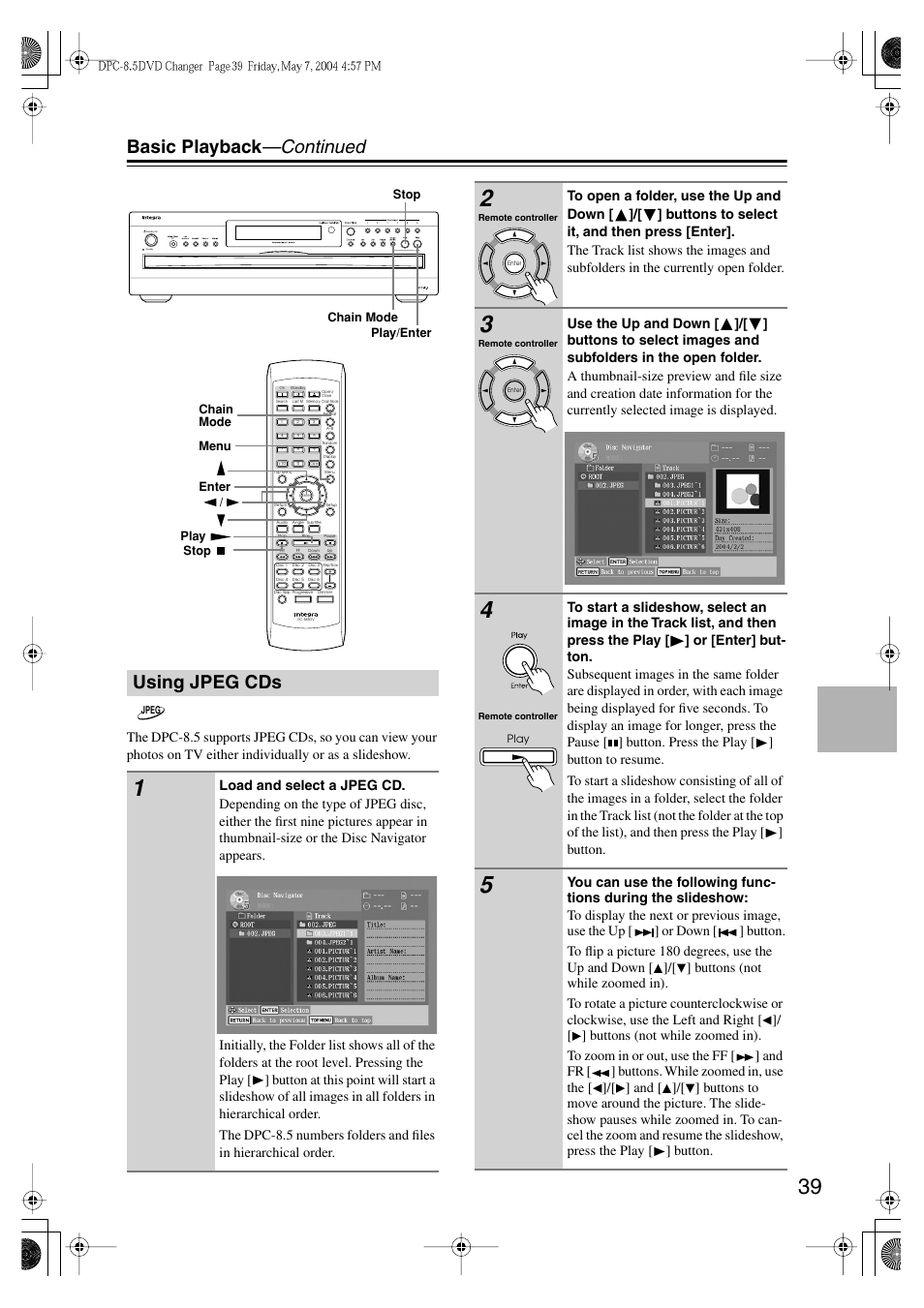 Basic playback —continued, Using jpeg cds | Integra DPC-8.5 User Manual | Page 39 / 68