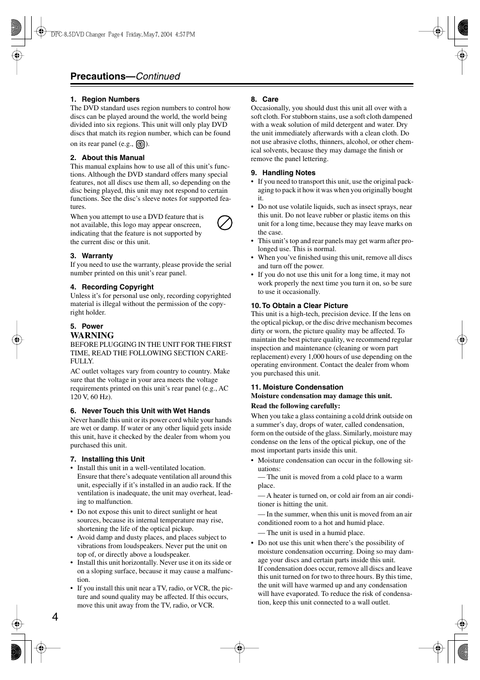 Precautions— continued | Integra DPC-8.5 User Manual | Page 4 / 68