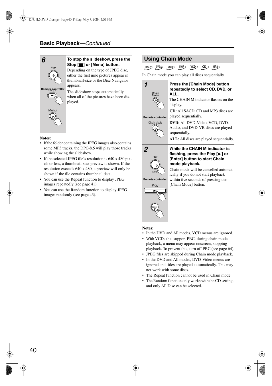 Basic playback —continued, Using chain mode | Integra DPC-8.5 User Manual | Page 40 / 68