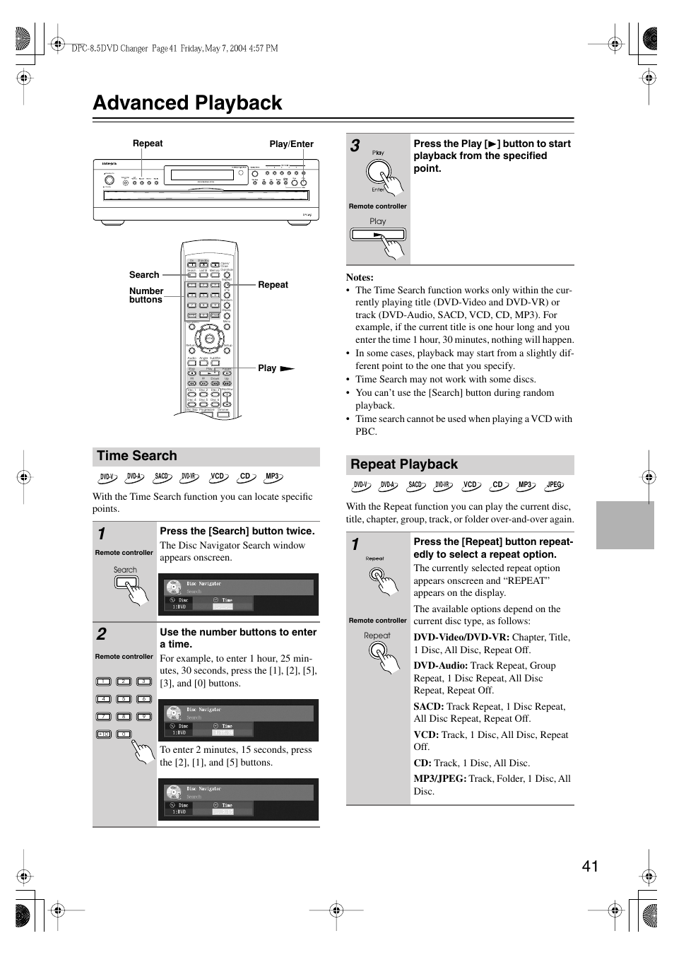 Advanced playback, Time search, Repeat playback | Integra DPC-8.5 User Manual | Page 41 / 68
