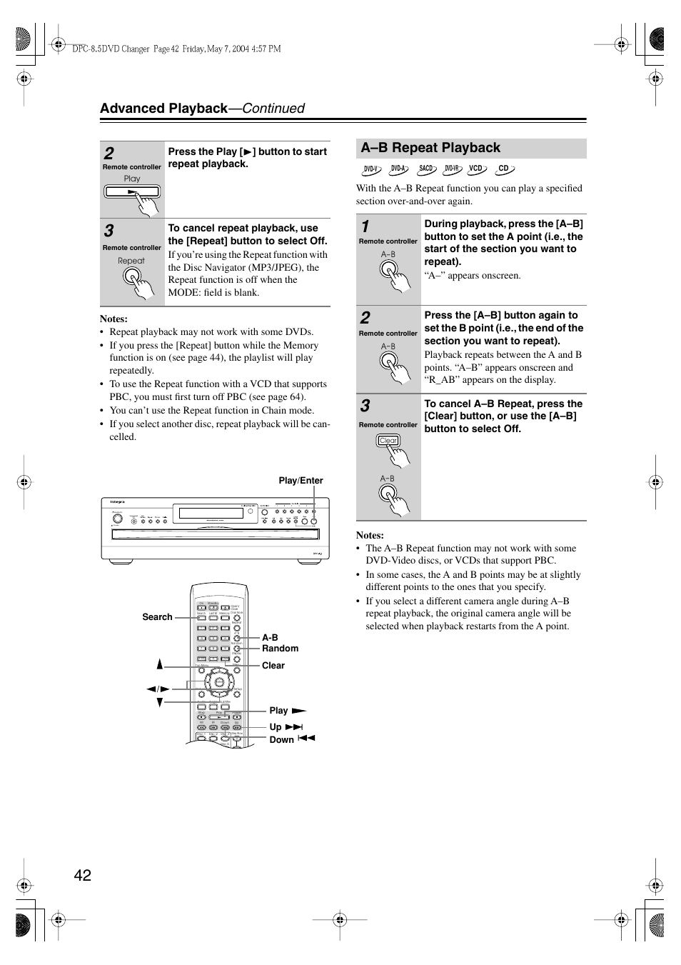 Advanced playback —continued, A–b repeat playback, Press the play [ ] button to start repeat playback | Integra DPC-8.5 User Manual | Page 42 / 68