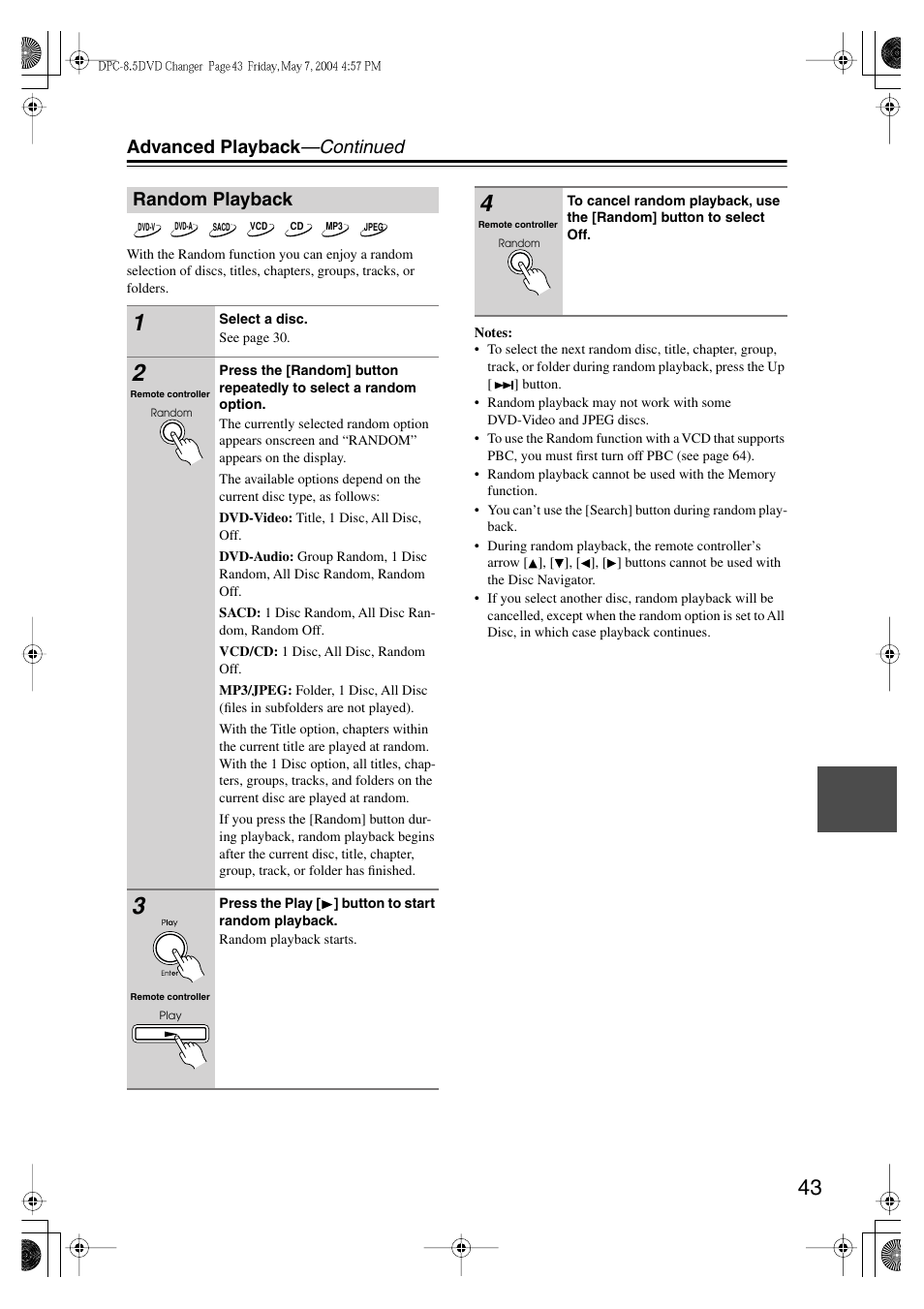 Advanced playback —continued, Random playback | Integra DPC-8.5 User Manual | Page 43 / 68