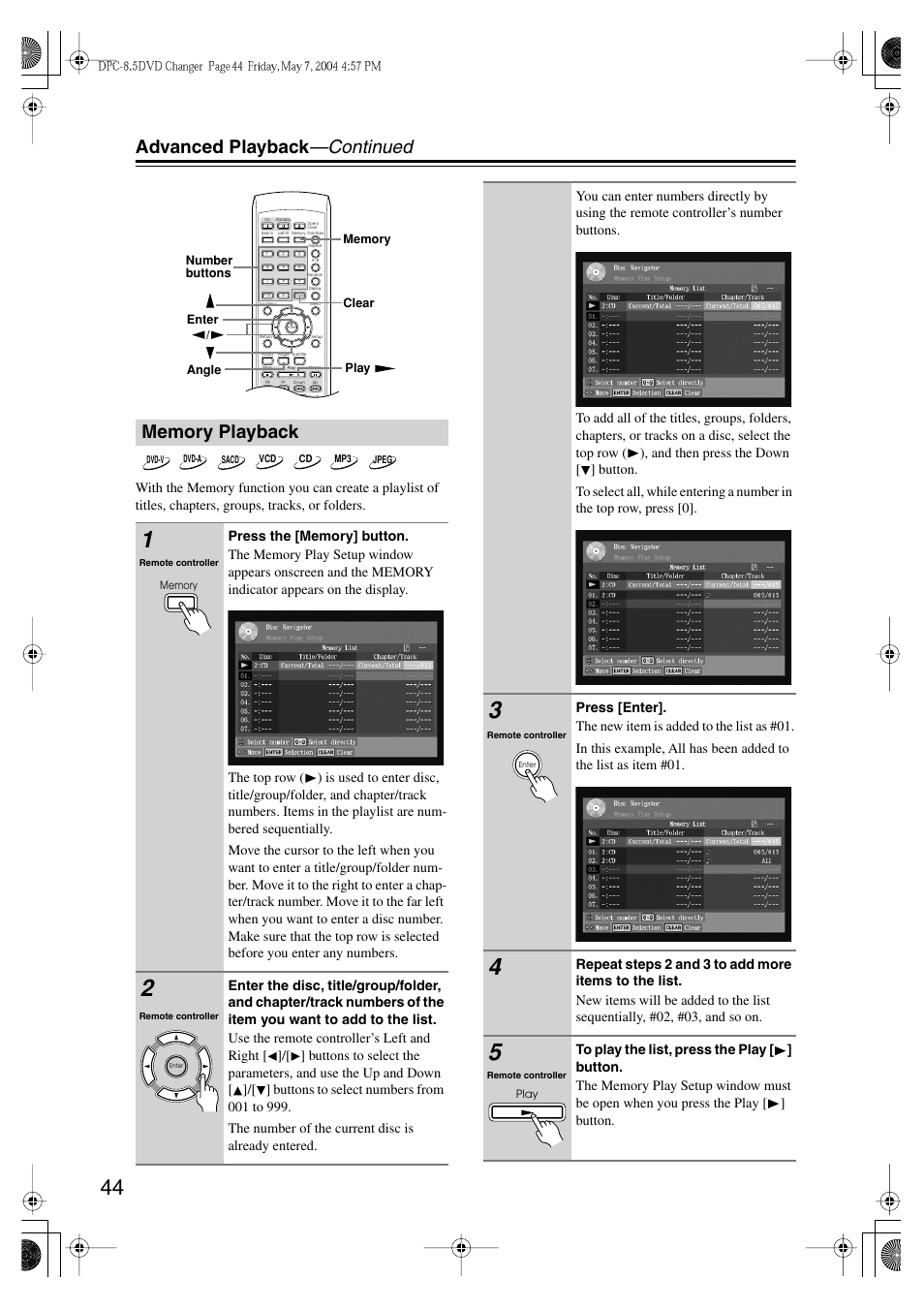 Advanced playback —continued | Integra DPC-8.5 User Manual | Page 44 / 68