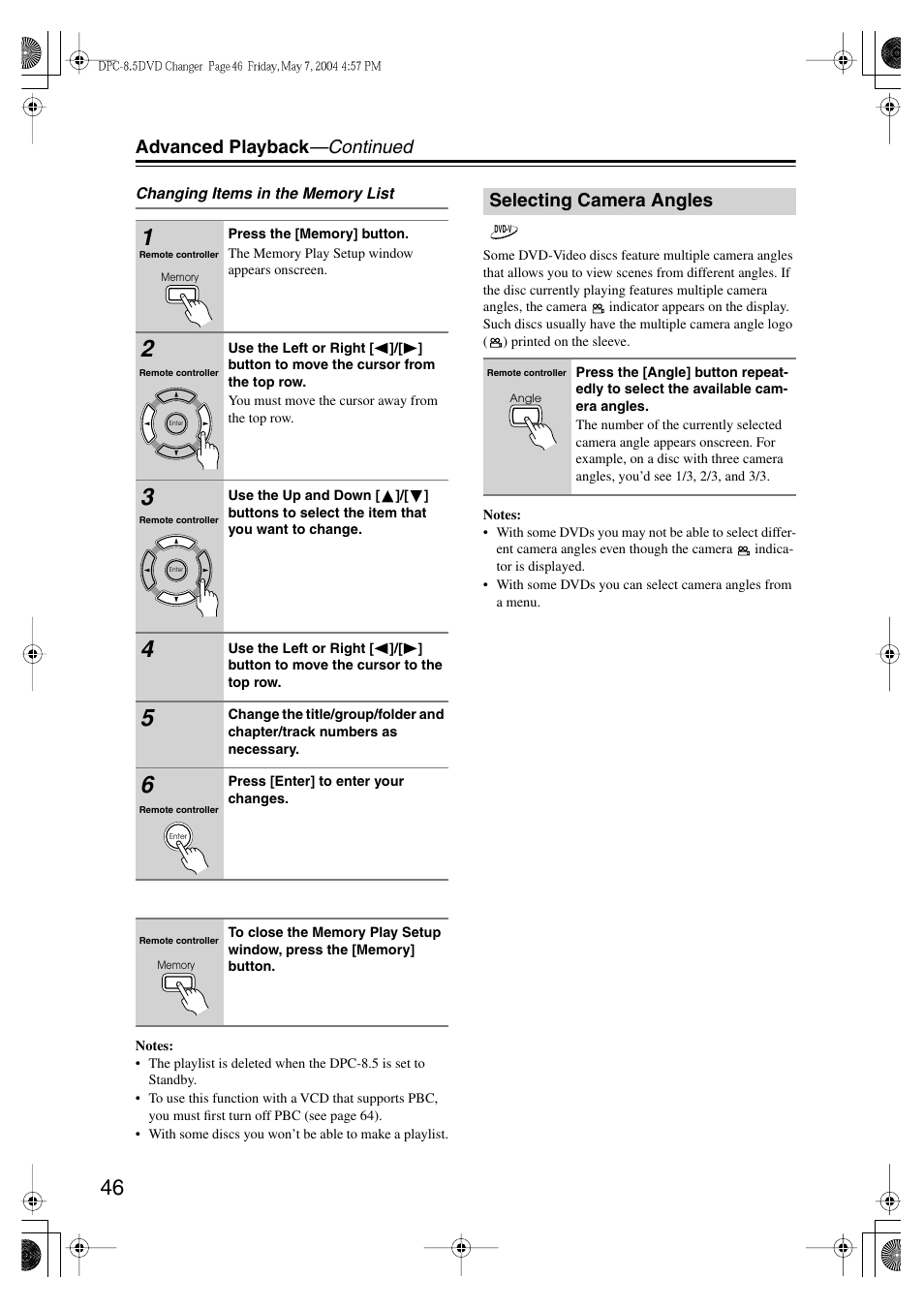 Advanced playback —continued, Selecting camera angles | Integra DPC-8.5 User Manual | Page 46 / 68