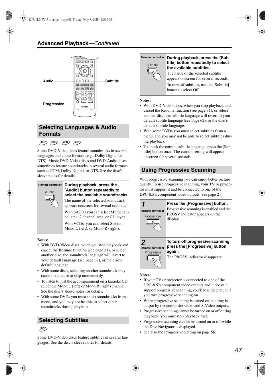 Advanced playback —continued, Selecting languages & audio formats, Selecting subtitles | Using progressive scanning | Integra DPC-8.5 User Manual | Page 47 / 68