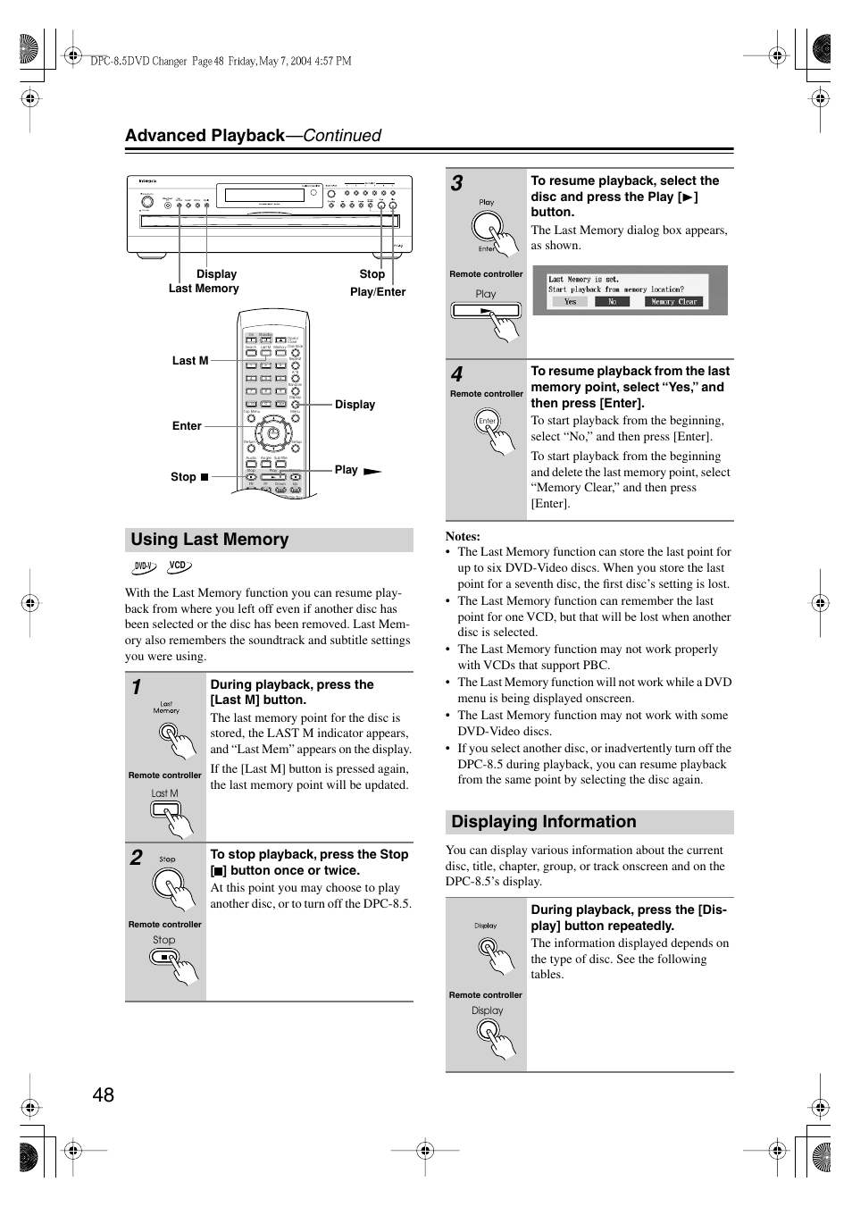 Advanced playback —continued, Displaying information | Integra DPC-8.5 User Manual | Page 48 / 68