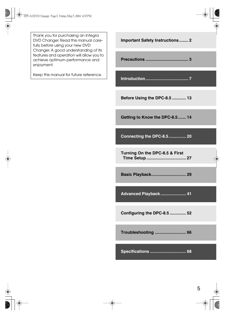 Integra DPC-8.5 User Manual | Page 5 / 68