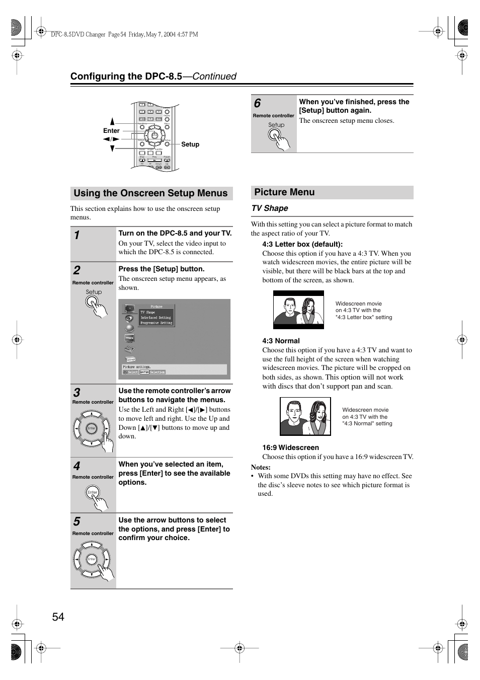 Configuring the dpc-8.5 —continued, Using the onscreen setup menus, Picture menu | Tv shape | Integra DPC-8.5 User Manual | Page 54 / 68