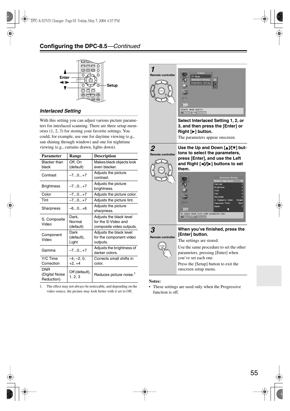 Configuring the dpc-8.5 —continued, Interlaced setting | Integra DPC-8.5 User Manual | Page 55 / 68