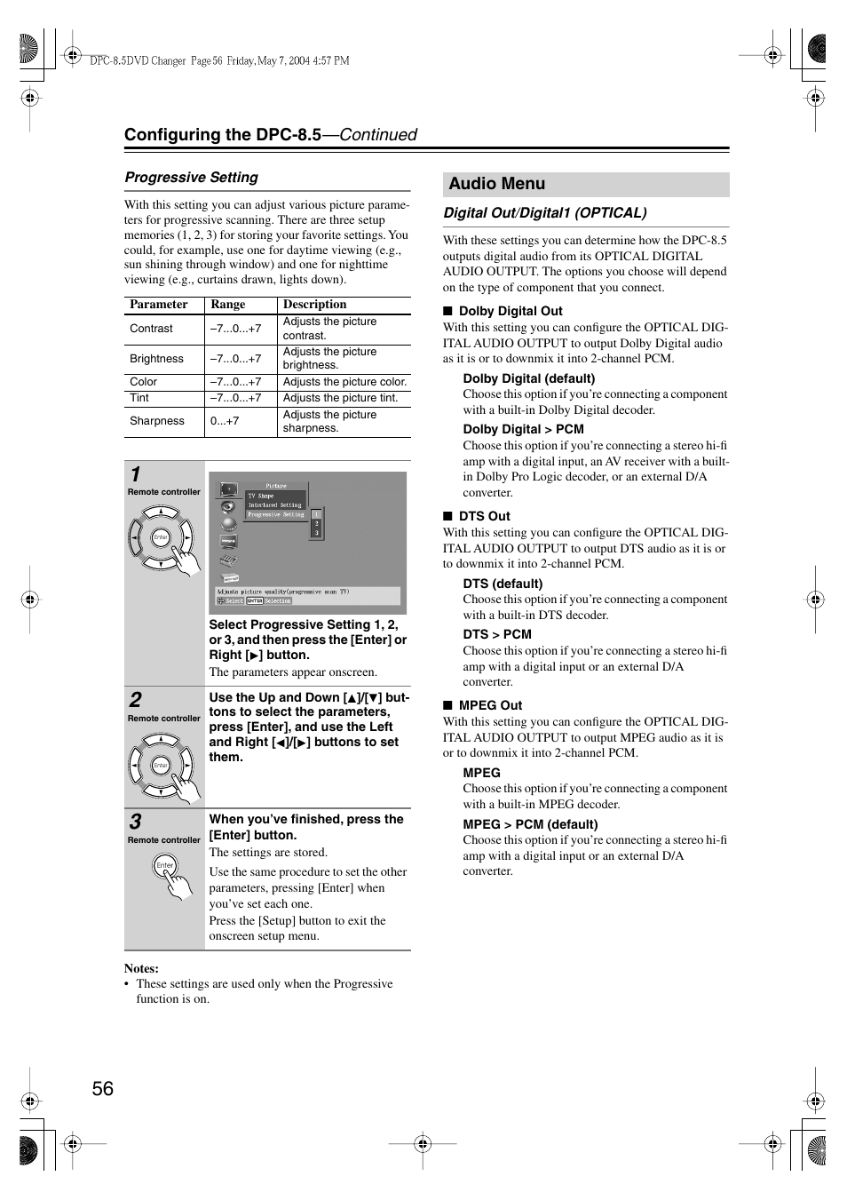 Configuring the dpc-8.5 —continued, Audio menu | Integra DPC-8.5 User Manual | Page 56 / 68