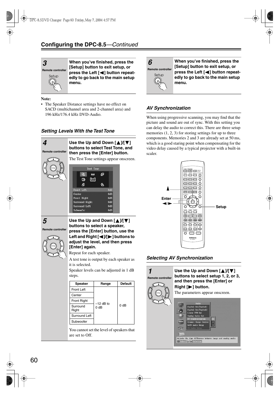 Configuring the dpc-8.5 —continued, Selecting av synchronization | Integra DPC-8.5 User Manual | Page 60 / 68