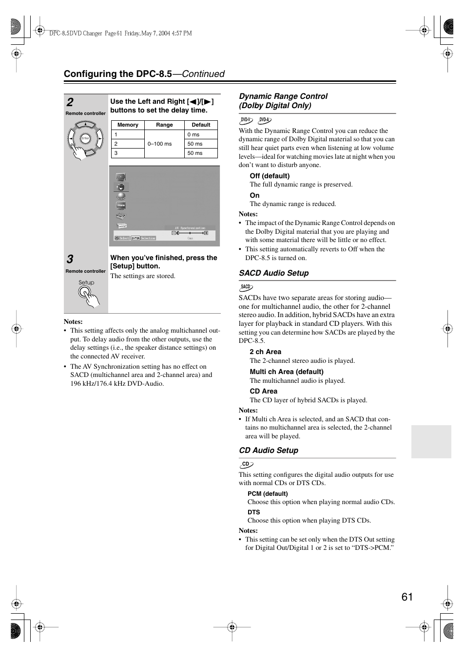 Configuring the dpc-8.5 —continued | Integra DPC-8.5 User Manual | Page 61 / 68