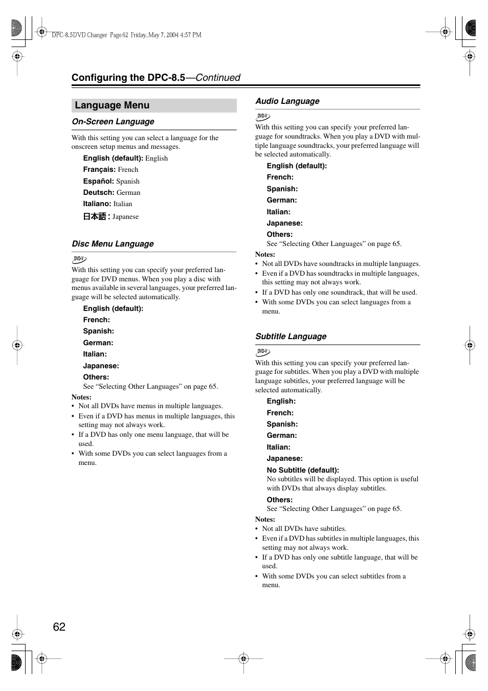 Configuring the dpc-8.5 —continued, Language menu | Integra DPC-8.5 User Manual | Page 62 / 68