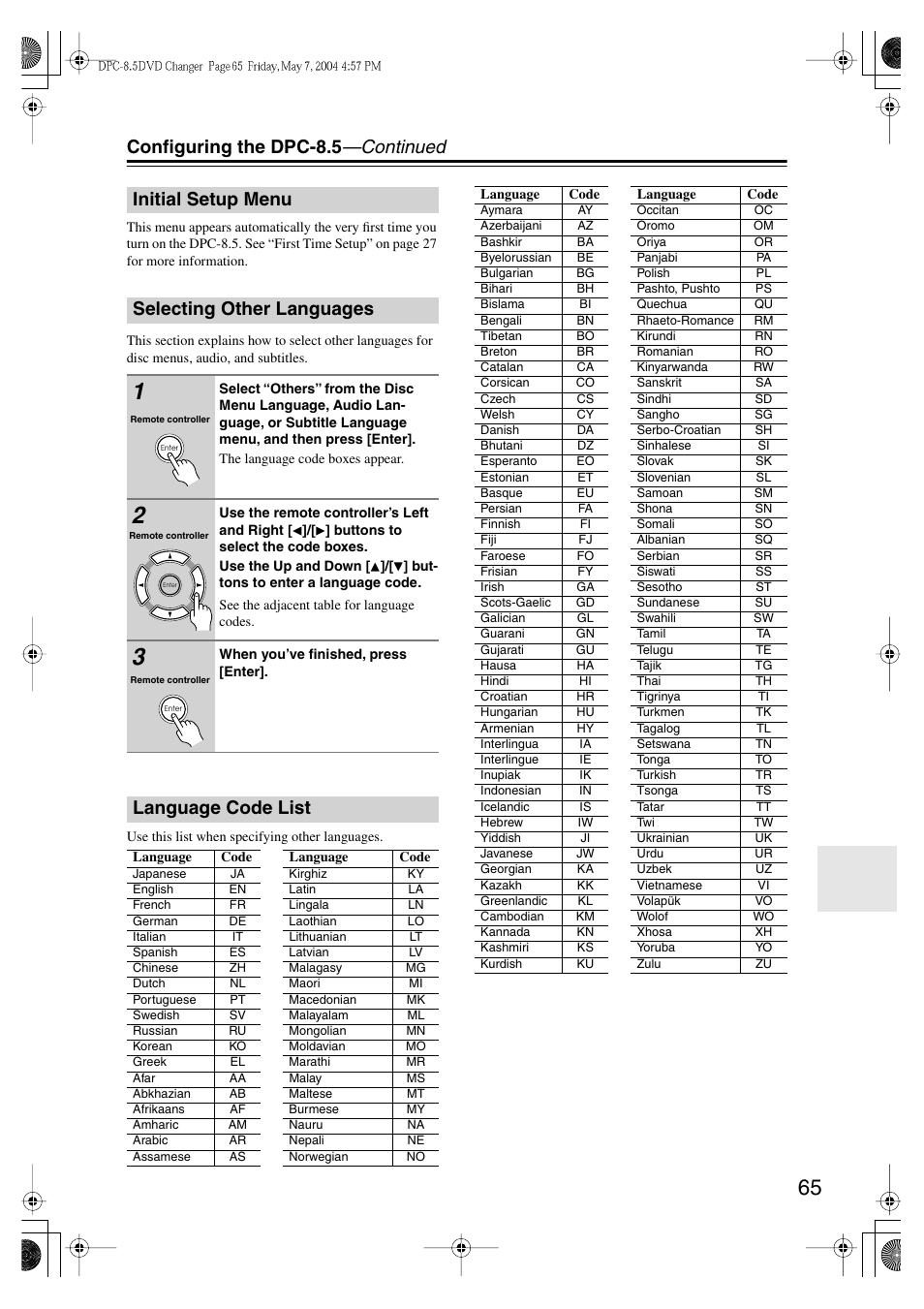 Configuring the dpc-8.5 —continued, Initial setup menu selecting other languages, Language code list | Integra DPC-8.5 User Manual | Page 65 / 68