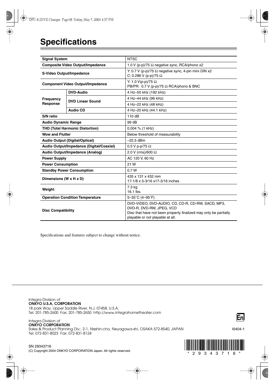 Specifications | Integra DPC-8.5 User Manual | Page 68 / 68
