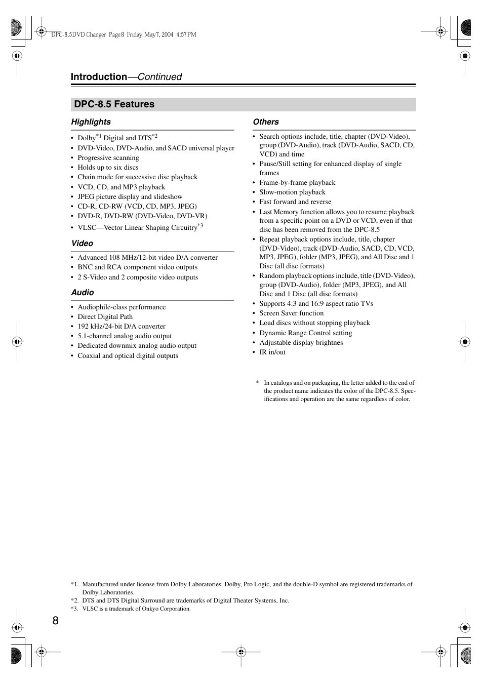 Introduction —continued, Dpc-8.5 features | Integra DPC-8.5 User Manual | Page 8 / 68