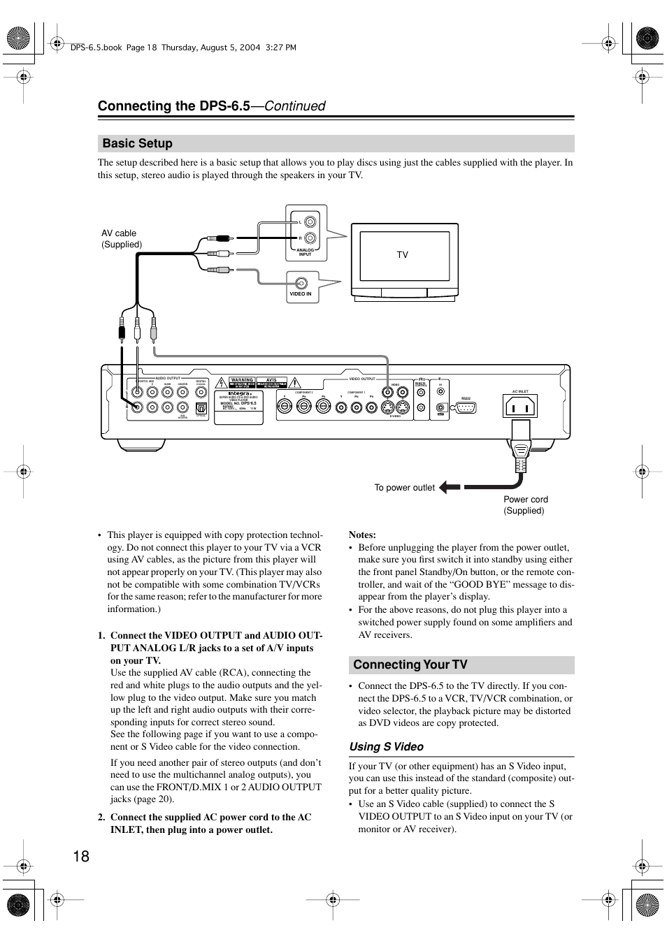 Connecting the dps-6.5 —continued, Basic setup, Connecting your tv | Using s video | Integra DPS-6.5 User Manual | Page 18 / 64