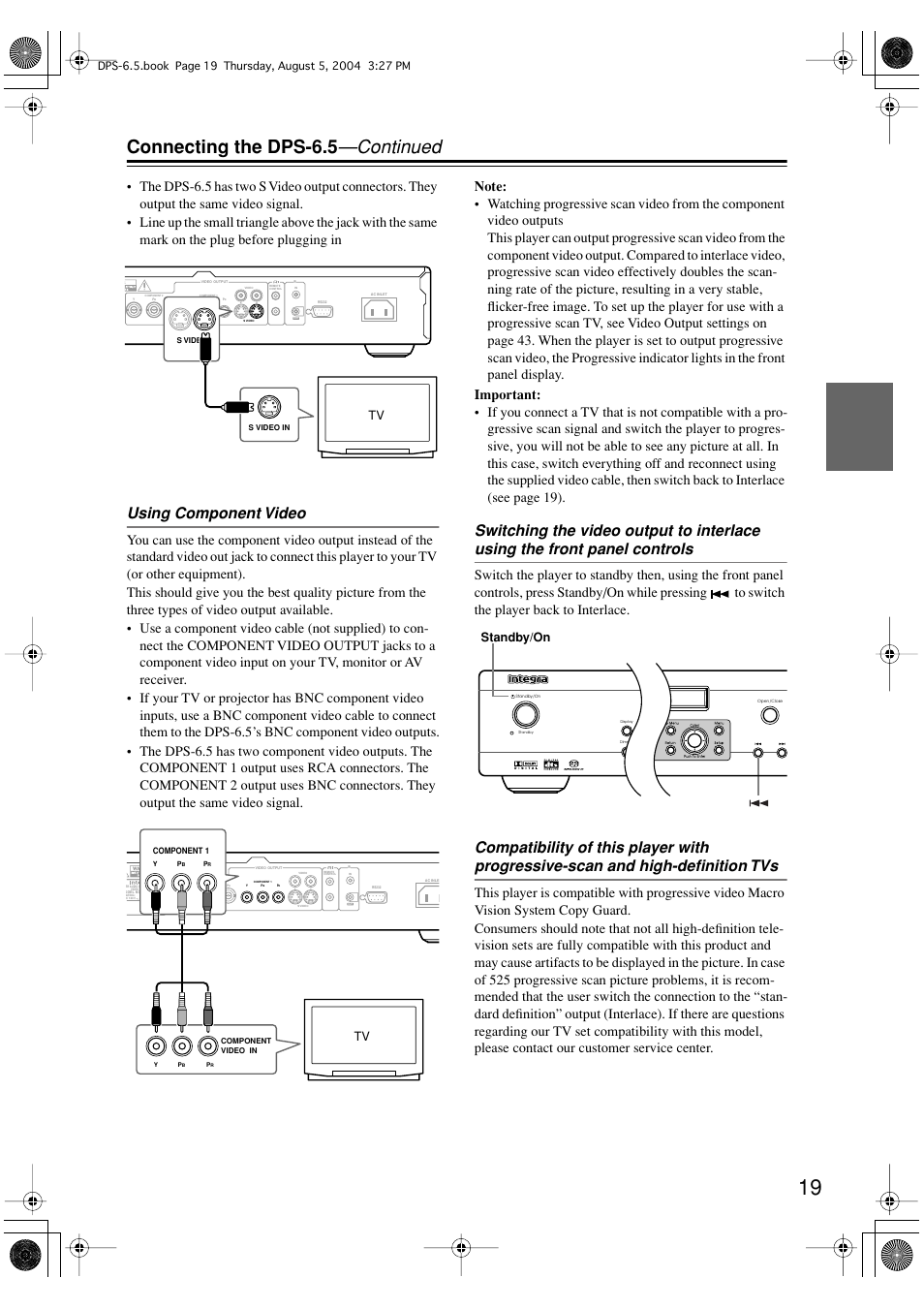 Connecting the dps-6.5 —continued, Using component video, Standby/on | Integra DPS-6.5 User Manual | Page 19 / 64