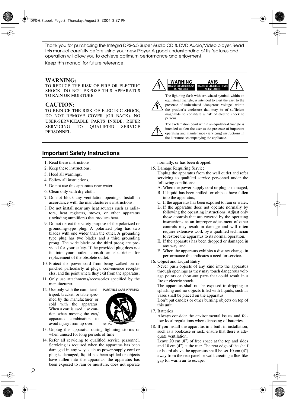 Important safety instructions, Warning, Caution | Integra DPS-6.5 User Manual | Page 2 / 64