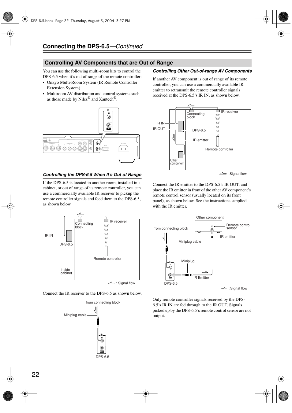 Connecting the dps-6.5 —continued, Controlling av components that are out of range, And xantech | Integra DPS-6.5 User Manual | Page 22 / 64