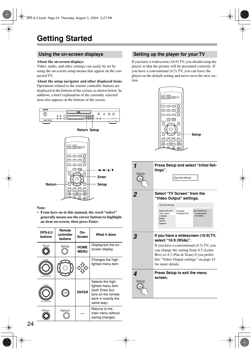 Getting started, Using the on-screen displays, Setting up the player for your tv | Press setup and select “initial set- tings, Press setup to exit the menu screen | Integra DPS-6.5 User Manual | Page 24 / 64