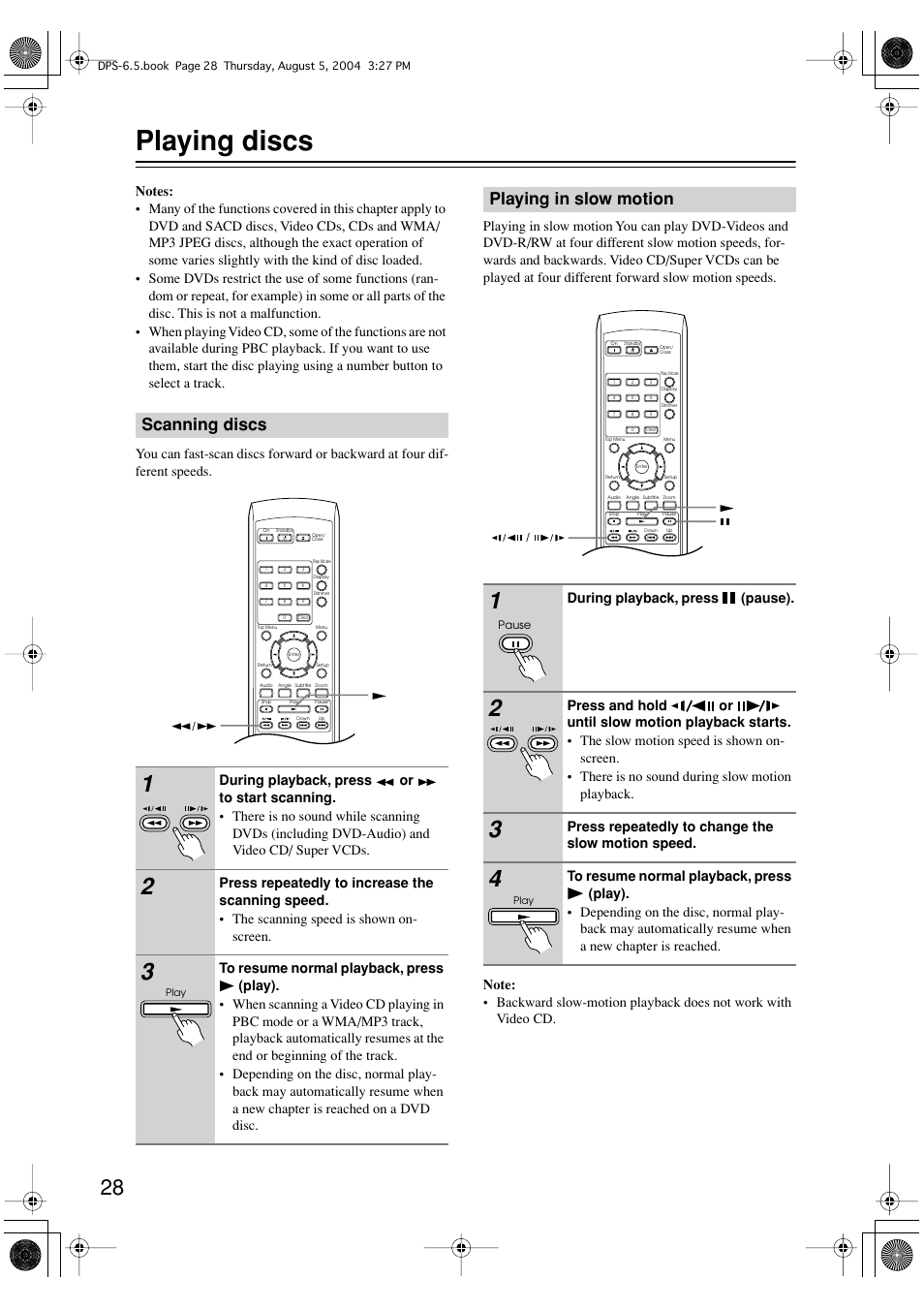 Playing discs, Scanning discs, Playing in slow motion | Integra DPS-6.5 User Manual | Page 28 / 64