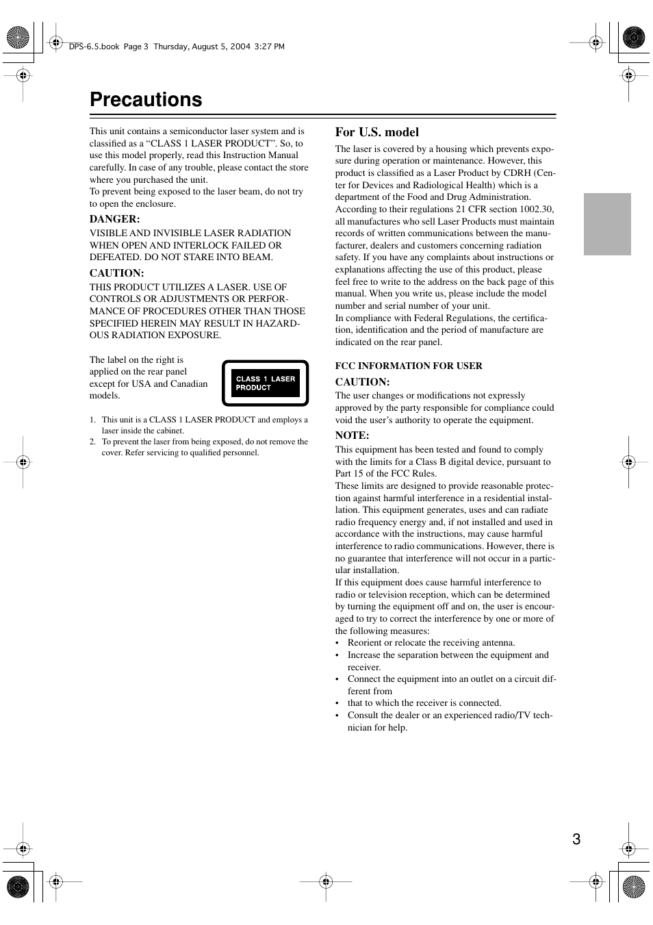 Precautions, For u.s. model | Integra DPS-6.5 User Manual | Page 3 / 64