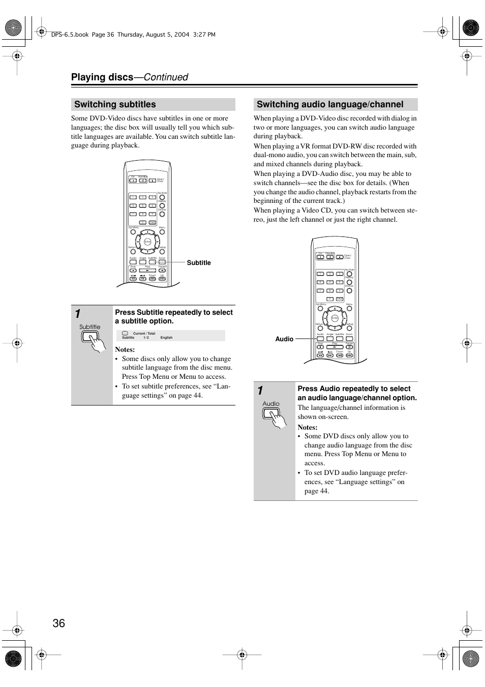 Playing discs —continued, Switching subtitles, Switching audio language/channel | Subtitle, Audio | Integra DPS-6.5 User Manual | Page 36 / 64
