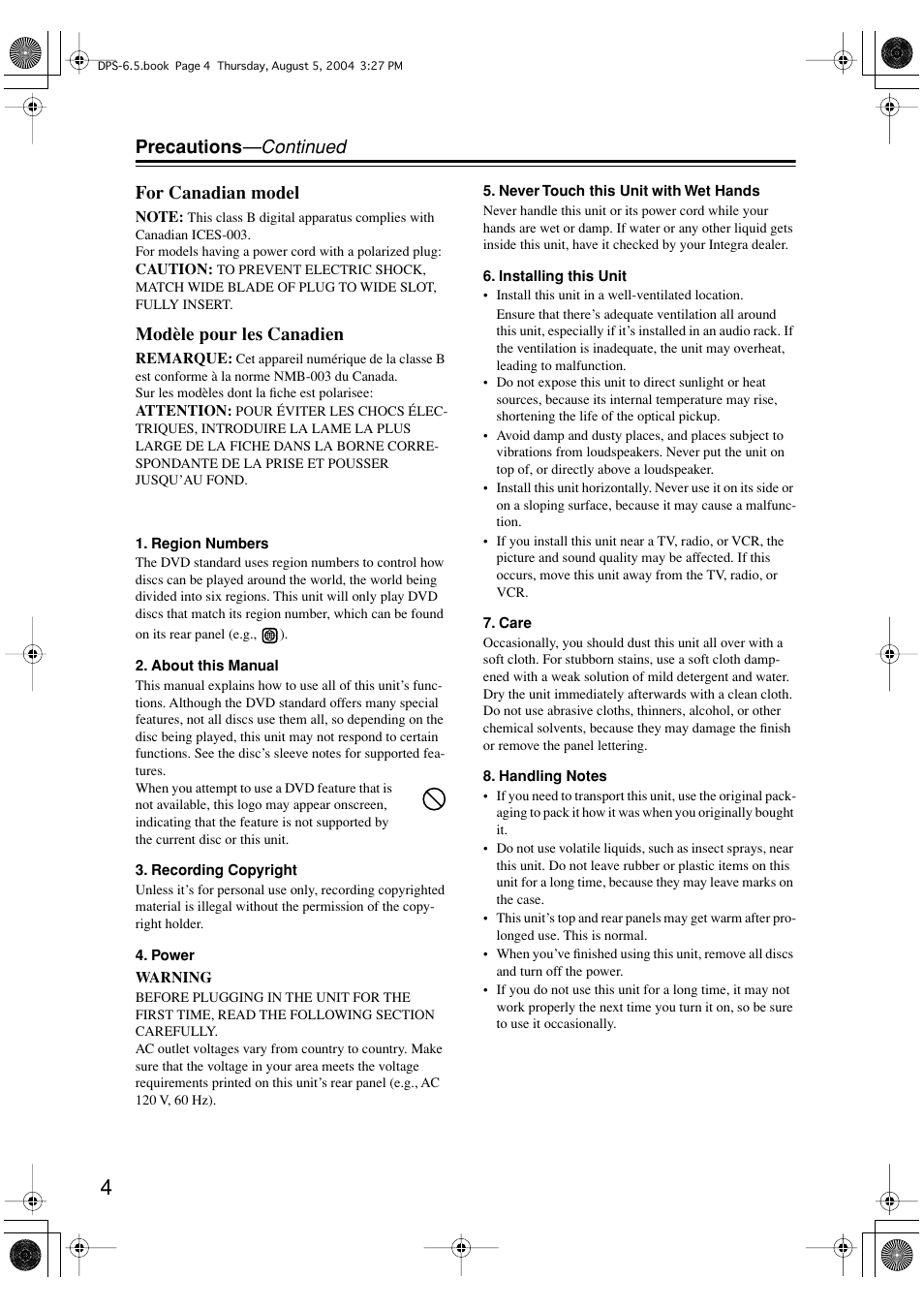 Precautions —continued for canadian model, Modèle pour les canadien | Integra DPS-6.5 User Manual | Page 4 / 64