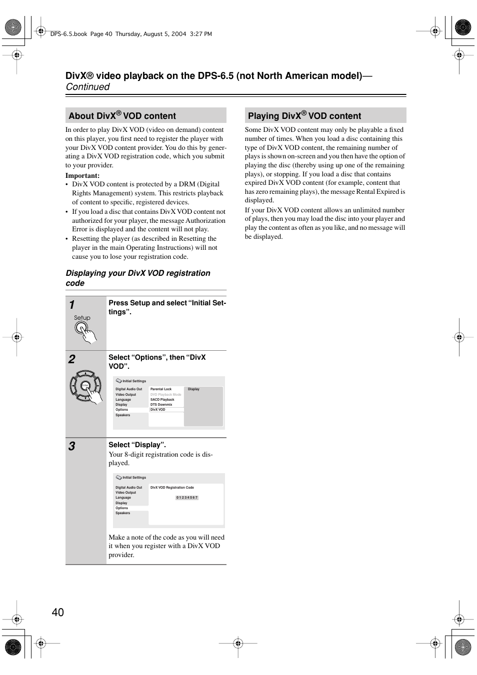 About divx, Vod content, Playing divx | Integra DPS-6.5 User Manual | Page 40 / 64