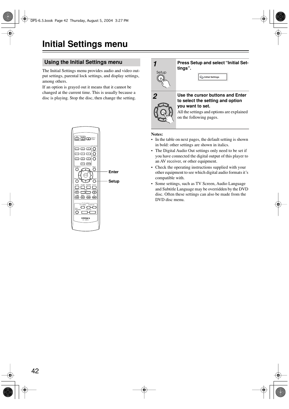 Initial settings menu, Using the initial settings menu, Press setup and select “initial set- tings | Integra DPS-6.5 User Manual | Page 42 / 64
